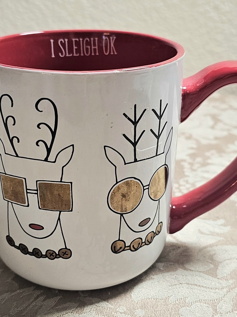 White and Red Reindeer With Sunglasses  Ceramic Mug " I Sleigh OK" - Christmas